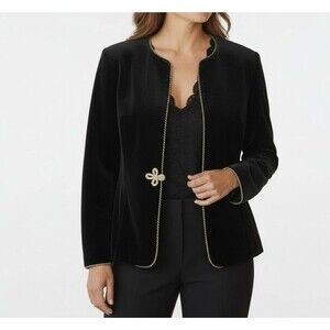 NEW Talbots Black Velvet Collarless Jacket Size 14 Gold Braiding Vintage USA